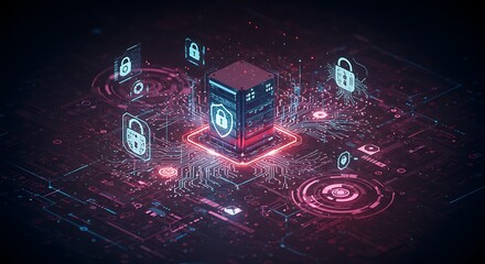 Cybersecurity concept illuminated server with digital padlocks and data flow