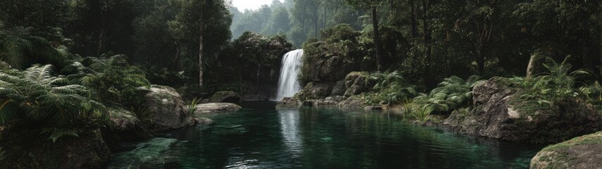 Fototapeta premium Stunning hdr panoramic view of waterfall in lush rainforest 360-degree nature escape