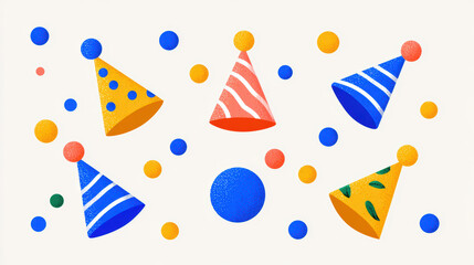 Joyful, festive party background illustration with colorful cone hat and confetti. This celebration design perfect for birthday, holiday or any fun special event