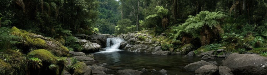 Lush rainforest waterfall hdri panoramic view nature scene serene environment