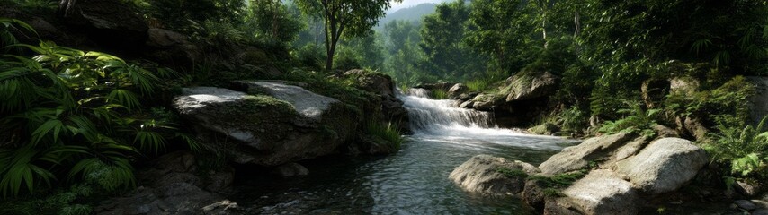 Obraz premium Lush rainforest waterfall hdr panorama in tranquil nature 360-degree scenic view