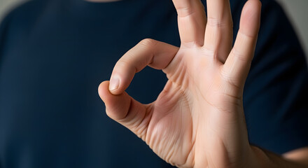 Close-up of a person's hand making the 'OK' gesture, a symbol of approval and agreement.