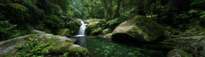 Obraz premium Lush rainforest waterfall nature hdri panoramic view tropical environment