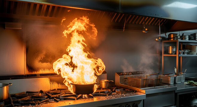 A large, intense flame erupts from a pot on a commercial kitchen stove, creating a dangerous situation.