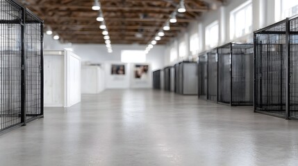 Brightly lit interior of a large event venue with rows of metal cages and clean partition walls