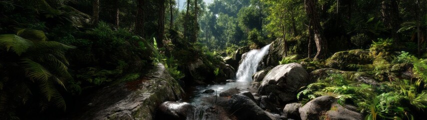 Obraz premium Lush rainforest waterfall hdr panorama serene nature scene 360-degree view