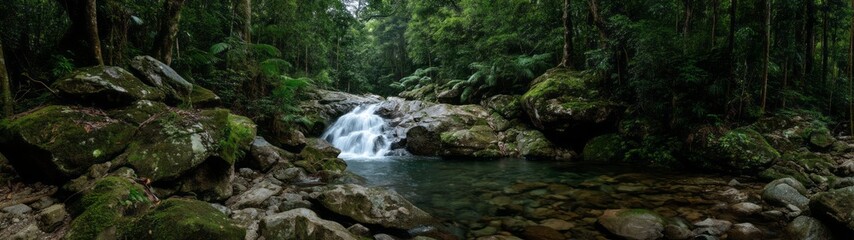 Lush rainforest waterfall hdri panoramic view nature scene in vibrant ecosystem