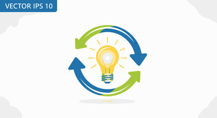 Creative idea cycle concept with a glowing light bulb surrounded by circular arrows. Symbol for innovation, brainstorming, strategy, and continuous development process