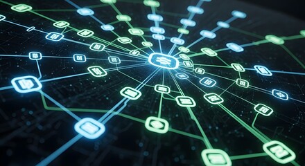 Abstract network of connected nodes with glowing center point.