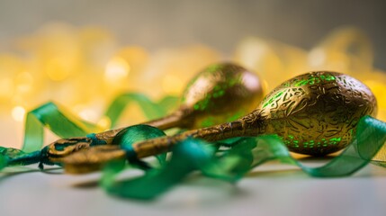 Fototapeta premium maracas. Golden maracas draped in green silk ribbon, celebrating Brazil's musical heritage. event programs, museum guides, designed for cultural heritage projects and event programs. 