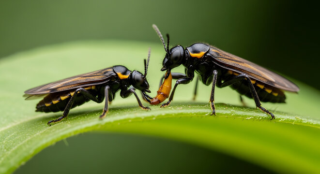 Two sawflies sharing food on a vibrant green leaf in a natural setting