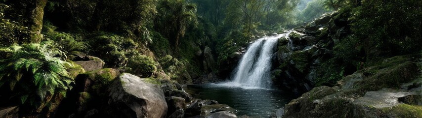 Lush rainforest waterfall hdri panoramic view tropical paradise nature landscape