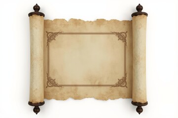 An ornate, vintage scroll with decorative brown borders is unfurled against a white background, showcasing its aged, parchment-like texture.