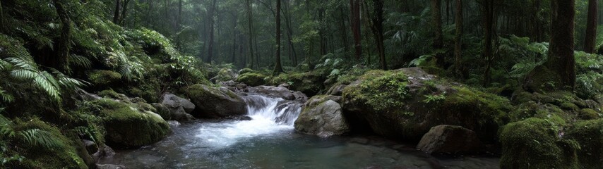 Fototapeta premium Lush rainforest waterfall nature scene hdri panoramic viewpoint tranquil environment