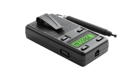 A black pager with a stylus isolated on transparent background, showing the word message on its green screen, commonly used in the 90s