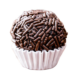 brigadeiro, Brazilian chocolate sprinkles sweet, white solid background, copyspace