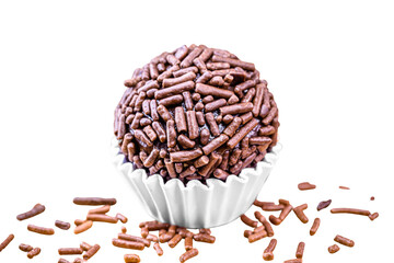 brigadeiro, Brazilian chocolate sprinkles sweet, white solid background, copyspace