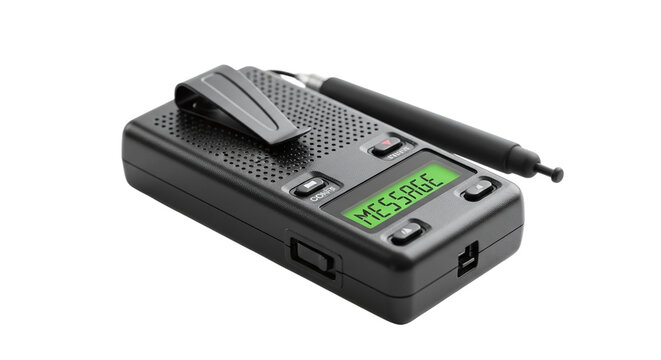 A black pager with a stylus isolated on transparent background, showing the word message on its green screen, commonly used in the 90s - Powered by Adobe