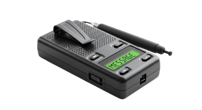 A black pager with a stylus isolated on transparent background, showing the word message on its green screen, commonly used in the 90s