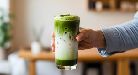 Refreshing iced matcha latte served in a glass, held by a person in a cozy caf? setting