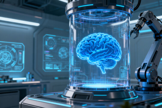 A human brain encased in a transparent cylinder with blue illumination, displayed in a high-tech laboratory setting with robotic arms and digital interfaces.