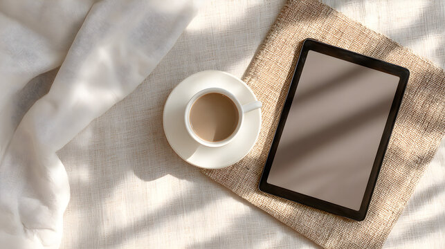 Overhead view of a warm cup of coffee next to a tablet on a textured surface with natural light