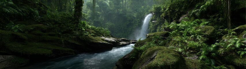 Lush rainforest waterfall panoramic hdri view serene nature environment