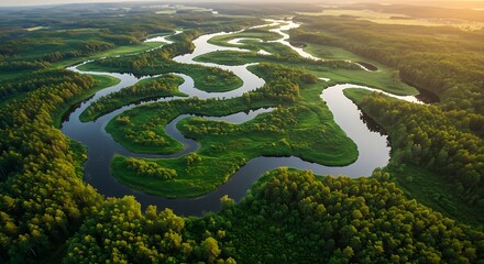 Aerial view of a winding river flowing through lush green forest landscape
