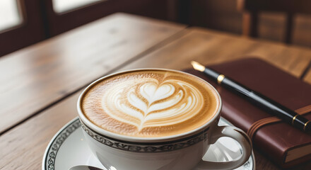 Relaxing coffee break with a cappuccino featuring heart latte art, alongside a personal journal and pen on a wooden table
