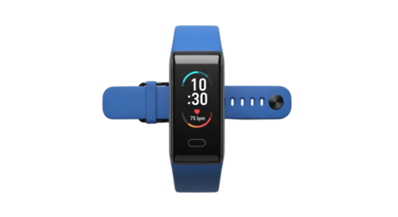 A blue fitness tracker isolated on transparent background displaying the time 1030, a modern wearable technology for health and activity tracking