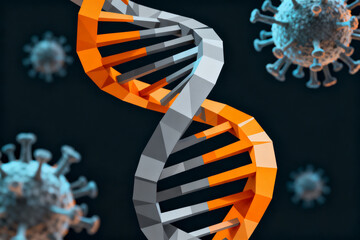 3D rendering of a DNA double helix with virus particles in the background