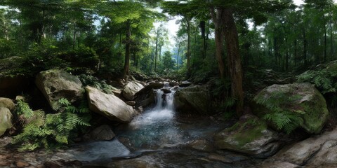 Fototapeta premium Exported waterfall in lush rainforest hdr panoramic 360-degree view nature scene