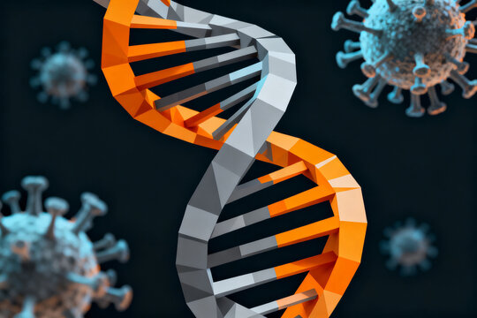 3D rendering of a DNA double helix with virus particles in the background