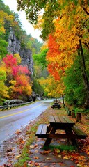 A picturesque autumnal scene with vibrant foliage, a winding road, and inviting picnic tables under a misty sky.
