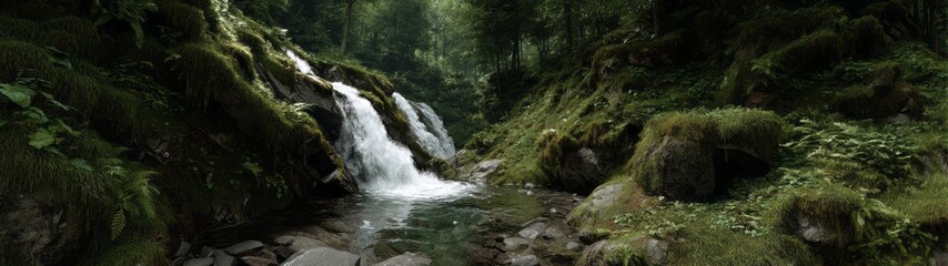 Fototapeta premium Lush rainforest waterfall nature hdri panoramic view equirectangular environment map