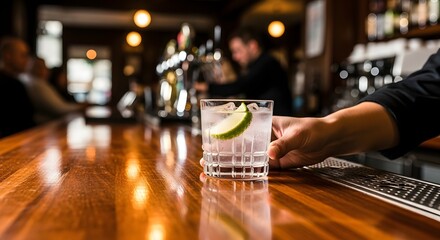 Bartender serving a refreshing cocktail with lime on a polished wooden bar in a lively pub