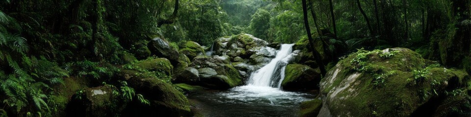 Lush rainforest waterfall nature scene hdr panoramic view serene environment