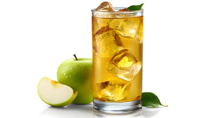 Refreshing glass of iced apple juice with whole and sliced green apples and a leaf