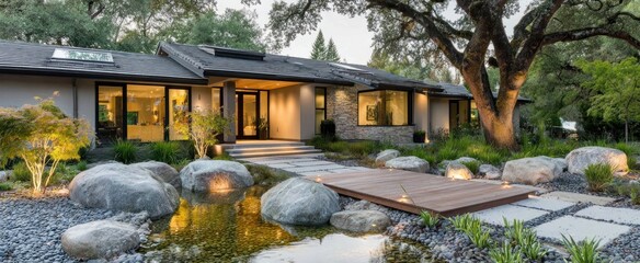 A contemporary home exterior showcasing a serene, landscaped courtyard with a water feature, stone pathways, and large rocks.