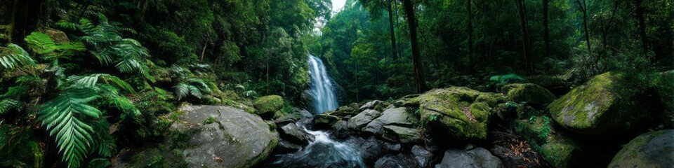 Fototapeta premium Exported waterfall in lush rainforest hdri panoramic viewpoint nature environment