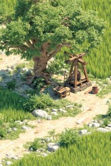 An idyllic, high-angle view of a rural scene, featuring a large tree, a simple water-lifting mechanism, and lush rice paddies.