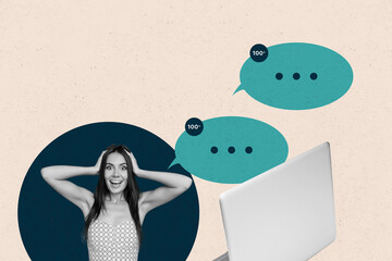 Collage with person surrounded by message bubbles symbolizing chatting communication online...