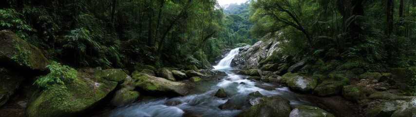 Naklejka premium Majestic waterfall in lush rainforest hdr 360-degree panoramic view tranquil nature environment