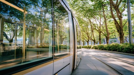 Modern low-floor tram navigating through tree-lined urban street in warm morning light