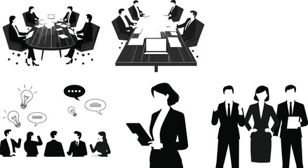 Business meeting, teamwork, brainstorming, office collaboration, corporate group discussion, leadership, professional management