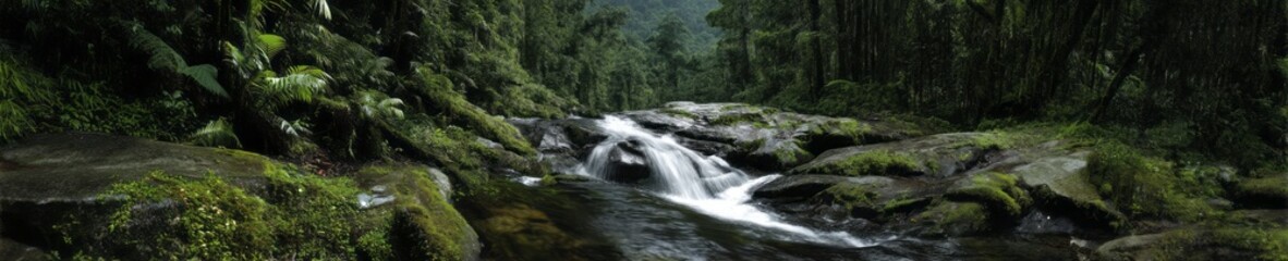 Obraz premium Lush rainforest waterfall hdri panoramic view serene nature environment majestic landscape