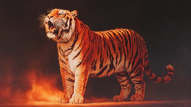 Tiger roaring fiery background