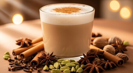 Warm spiced latte surrounded by aromatic spices on a soft surface with blurred lights in background