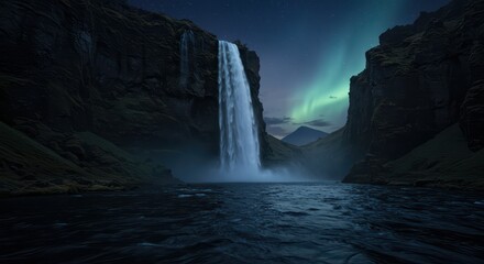 Majestic waterfall cascading down steep cliffs under a luminous night sky with aurora borealis in