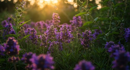 Obraz premium Purple Wildflowers Blooming in a Garden at Sunset.